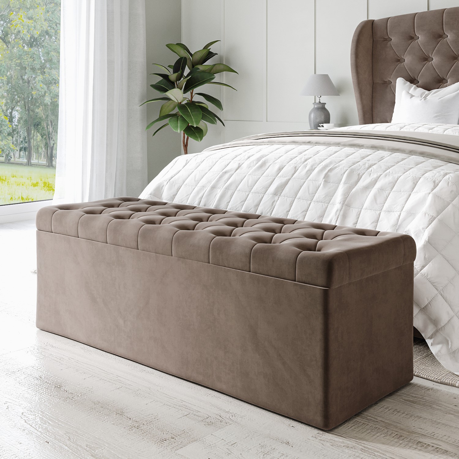 Read more about Mink brown velvet double ottoman bed with blanket box safina